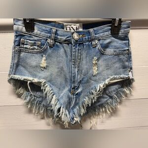 One x One Teaspoon Mid Waist Rollers Cut Off Long Rise Denim Jean Shorts size 22